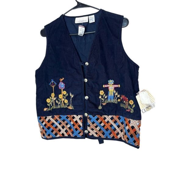 NWT CASEY & MAX Embroidered Scarecrow Autumn/Fall Lattice Corduroy‎ Vest M - Picture 1 of 7